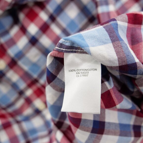 Banana Republic Shirt Mens Large Red Blue Button Up Plaid Long Sleeve Chambray - Picture 13 of 14